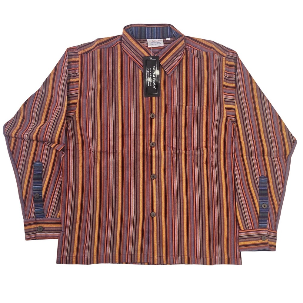 Far Out Fashion Mens Large Striped Button Down Shirt Long Sleeve Boho Hippie New